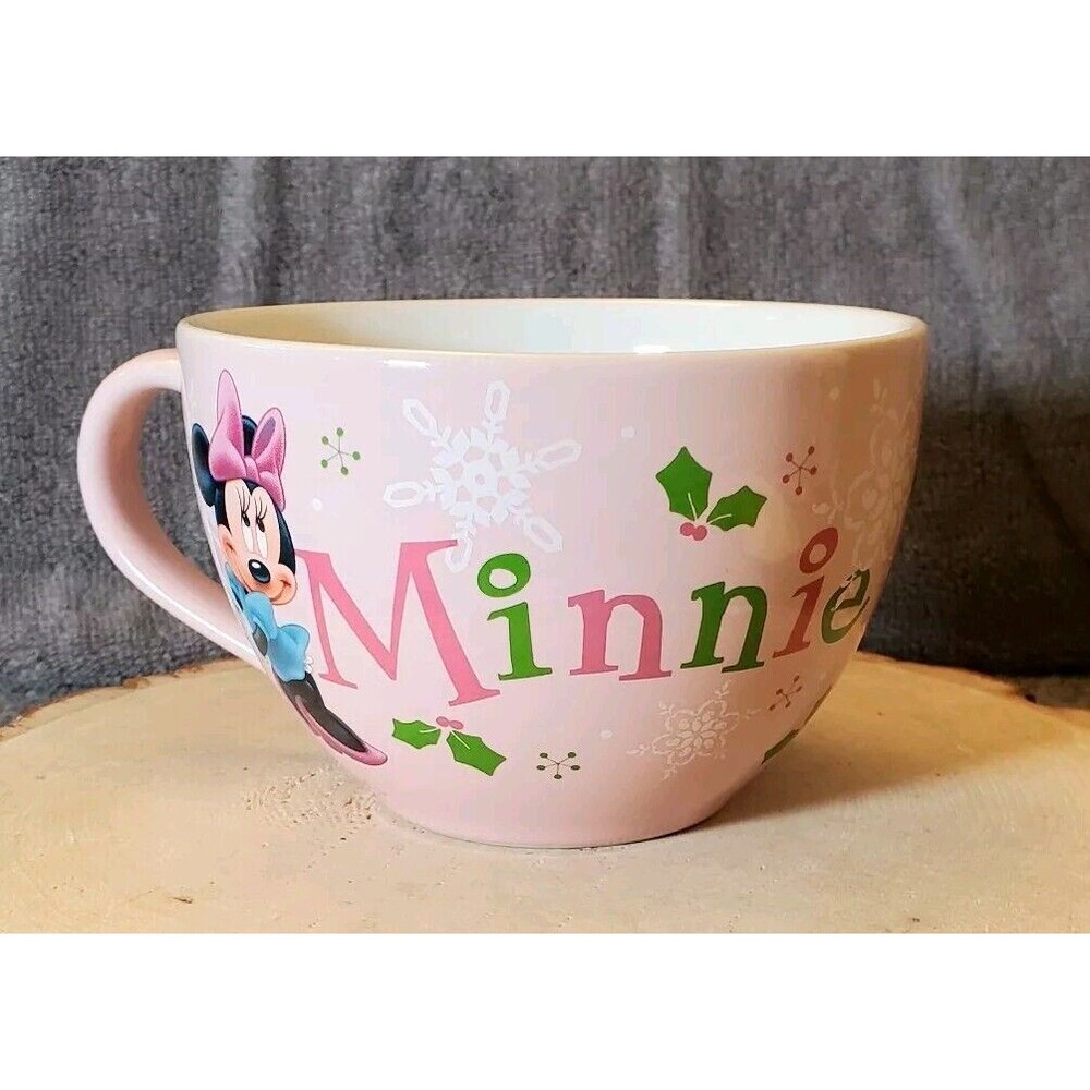 Disney Store Minnie Mouse Christmas Mug XLarge Pink Snowflakes Mistletoe 16 oz